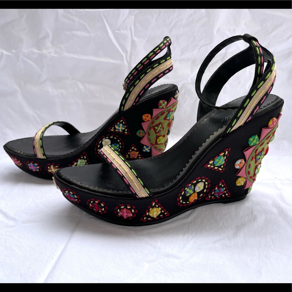S Edelman sz 7.5 Dori Boho Embroidered Wedge Platform Sandals Ankle Straps
